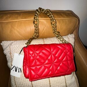 Zara Bold Red Quilted Shoulder Bag with Gold Chain